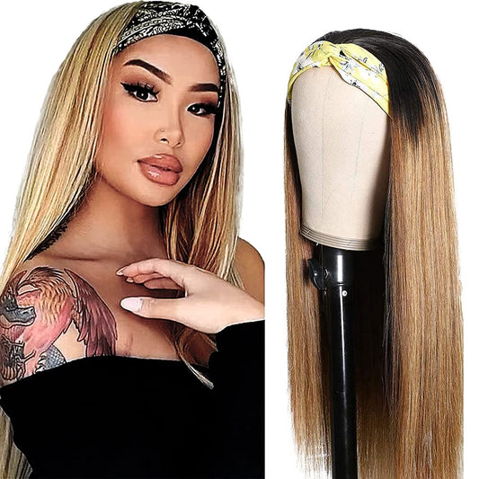 16 Inch 1B27 Ombre Headband Wig Human Hair 150% Density 1B27 Dark Roots to Blonde Straight Headband Wig Brazilian Virgin Hair Honey Blonde Wig for Black Women