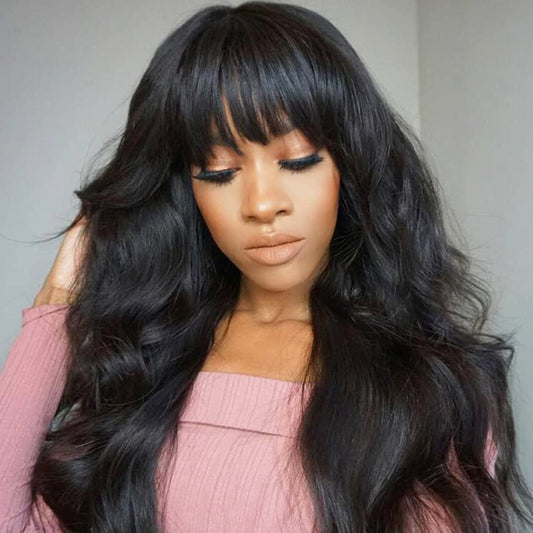 Body Wave Wigs with Bangs Human Hair Glueless Wavy Full Machine Made Scalp Top Wig None Lace Front Wigs for Black Women 180% Density Brazilian Virgin Hair Natural Color 22 Inch
