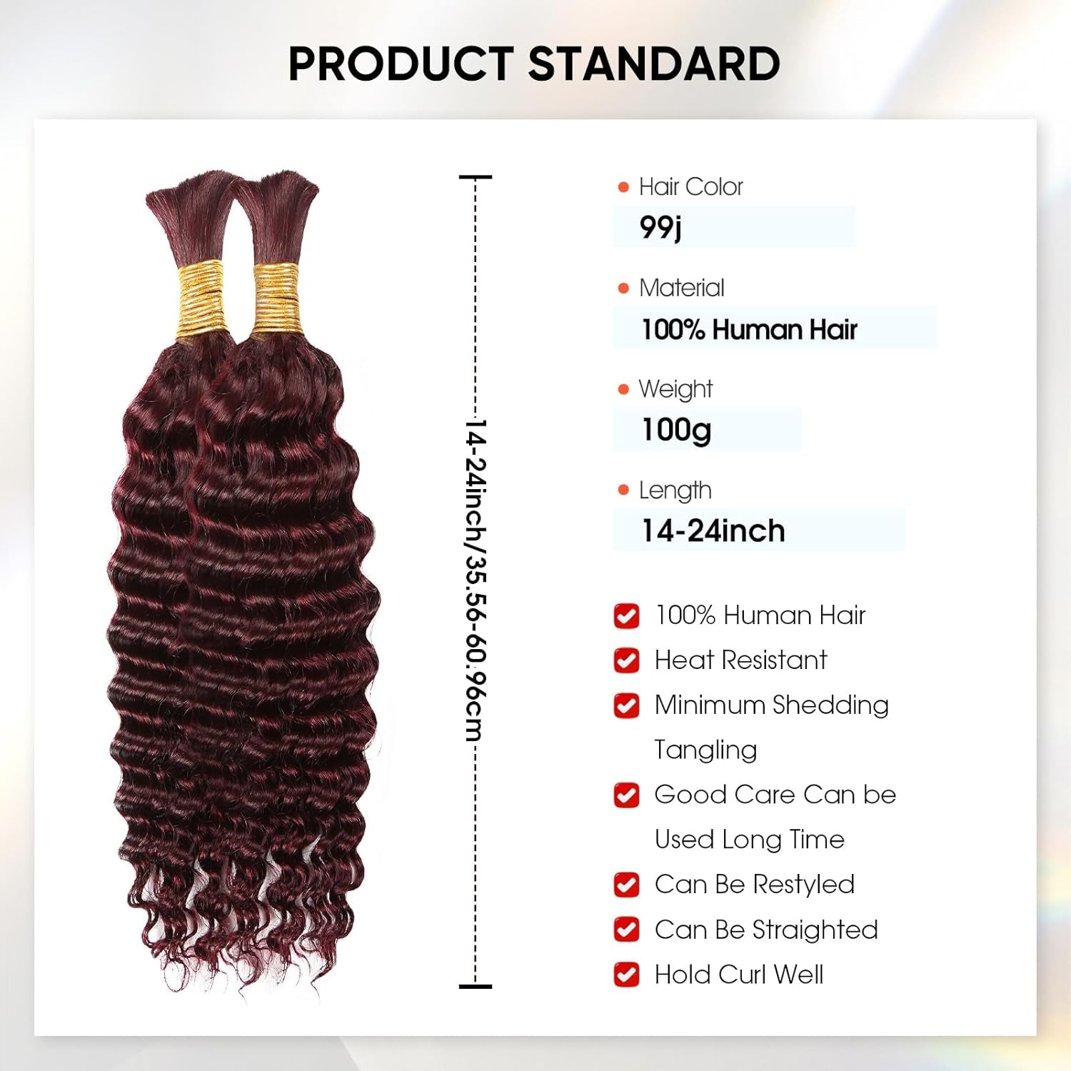 99J Burgundy Human Braiding Hair 29 Inch Deep Wave No Weft Curly Bundles Human Hair Extensions for Boho Knotless Braids Wet and Wavy (99J)