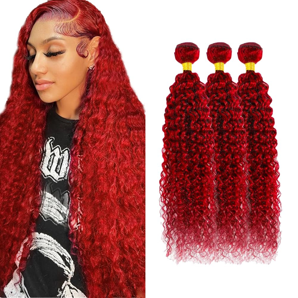 Red Human Hair Bundles Red Kinky Curly Bundles Mixed Length 3 Bundles 26 28 30 Inch Grade 8A Brazilian Virgin Human Hair Extensions Burgundy Kinky Curly Human Hair Bundles