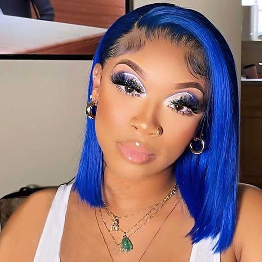 Dark Blue Bob Wig Human Hair Wear and Go Glueless Bob Wig 13X4 HD Lace Front Wigs Human Hair Bob Human Hair Wigs for Black Women 200% Density Pre Plucked with Baby Hair (12Inch, Dark Blue)