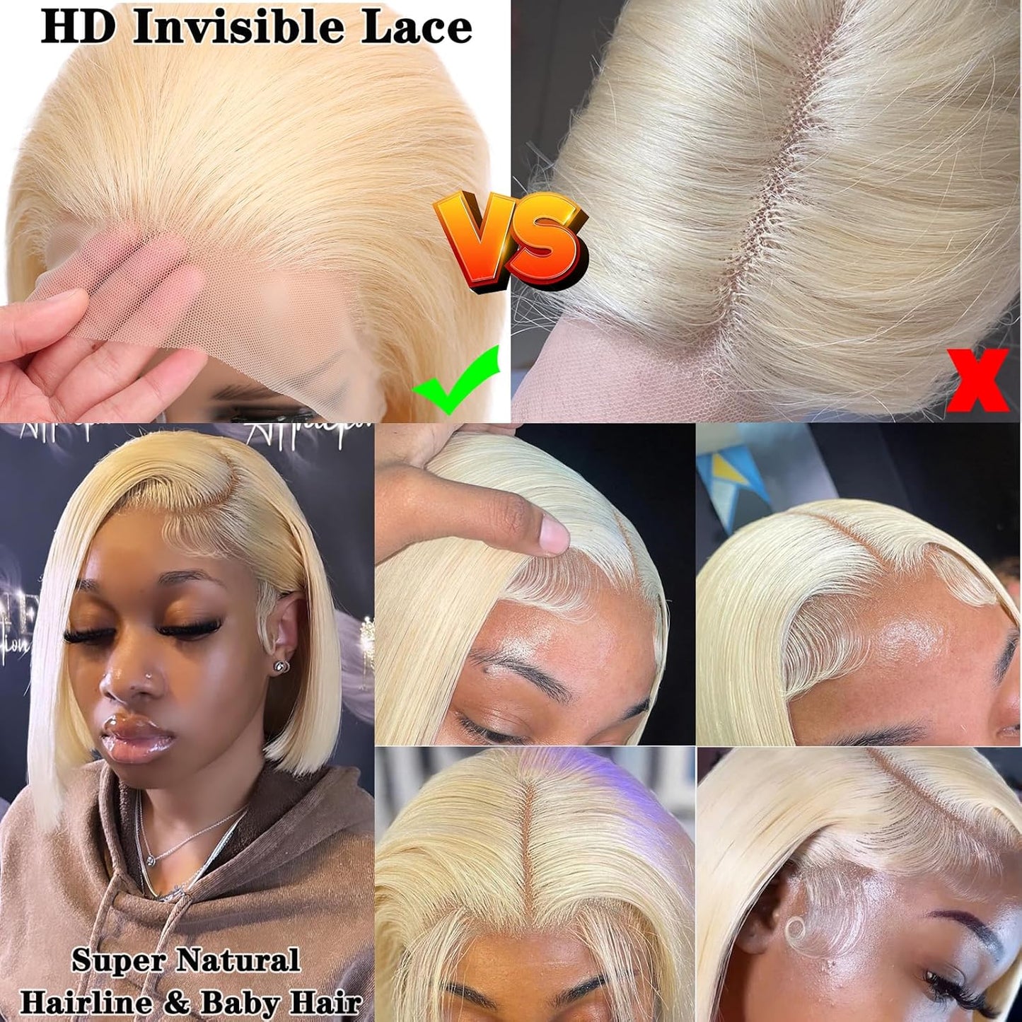 613 Blonde Wig Human Hair 13×4 HD Transparent 613 Lace Front Wig Human Hair Pre Plucked with Baby Hair 180% Density Wigs for Women Blonde Bob Wig 8 Inch Straight Bob Wig