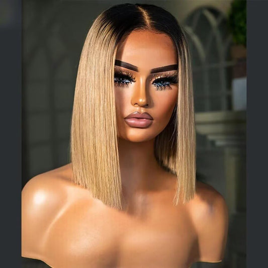 Blonde Bob Human Hair Wig Ombre 1B/27 Color Short Straight Human Hair Wig 13X6 HD Transparent Lace Front Wig Pre Plucked Brazilian Hair Natural Hairline Bleached Knots Glueless Wigs 8Inch