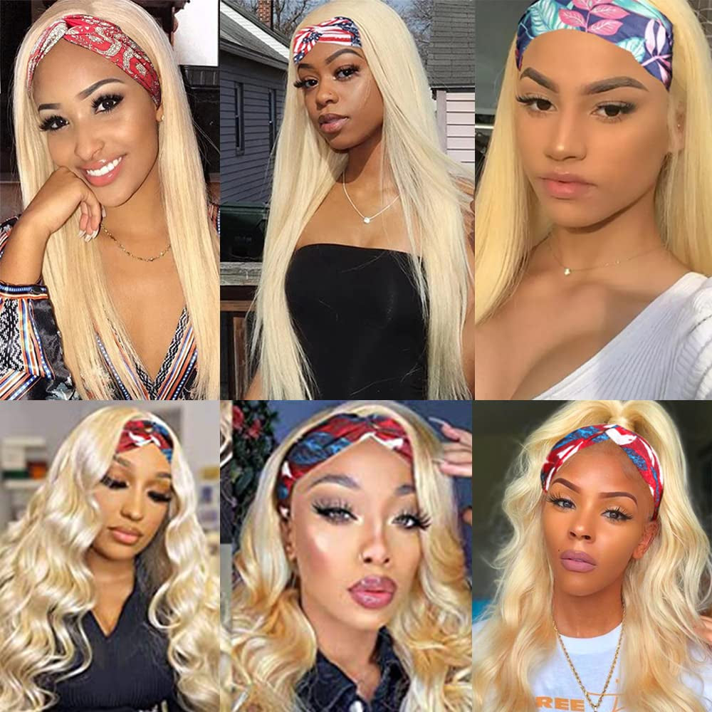 Blonde Headband Wig Straight Human Hair Headband Wig Blonde None Lace Front Straight Wigs for Black Women Brazilian Remy Hair Machine Made Headband Half Wigs 613 130% Density 24 Inch