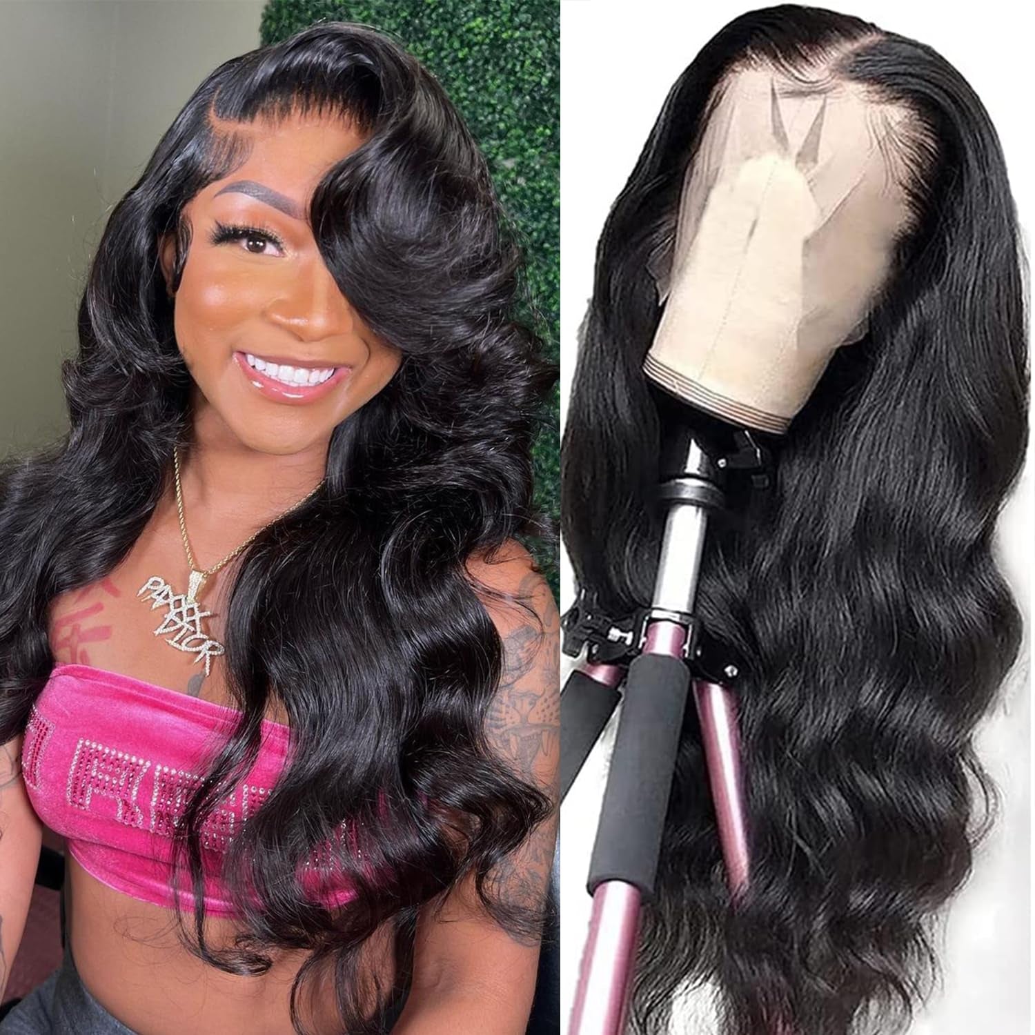 Body Wave 180% Density Human Hair Lace Front Wig - 13X4 HD Lace Frontal, Glueless, Pre-Plucked Natural Hairline, 20 Inch, Black for Women