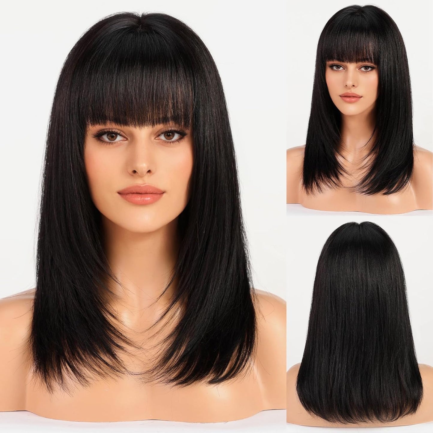 16 Inch Human Hair Wigs for Women,Layered Straight Hair Wig with Bangs,Wear Natural Realism,Real Hair Wigs