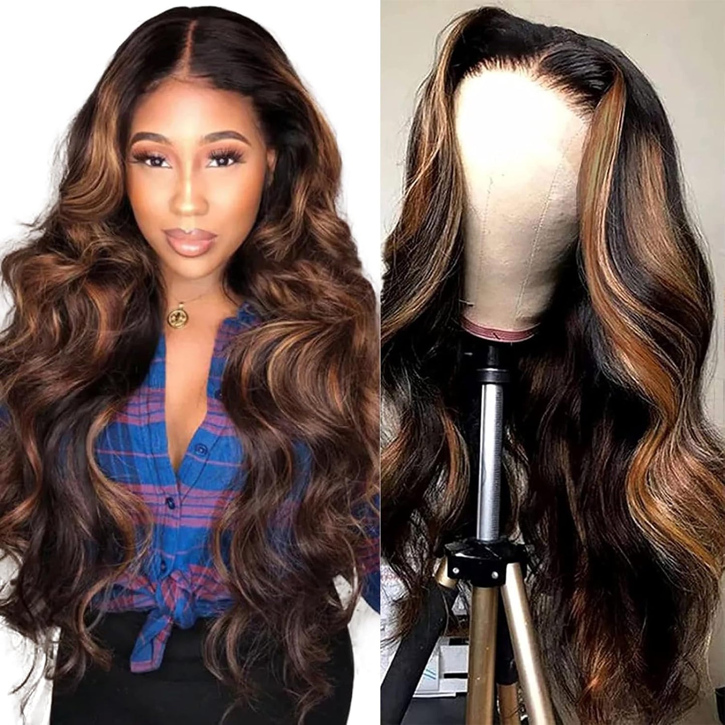 Ombre Highlight Lace Front Wigs Human Hair 210 Density Colored 1B/30 Body Wave Wig Black Bown 13X4 HD Transparent Lace Frontal Wigs Pre Plucked with Baby Hair Natural Hairline(32Inch)