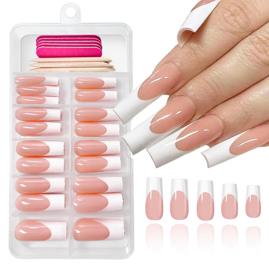 120 Pcs French Tips Press on Nails Long Square Fake Nails White Tips False Nails Full Cover Acrylic Glue on Nails Coffin Nail Press Ons with Adhesive Tabs for Women Manicure 12 Size
