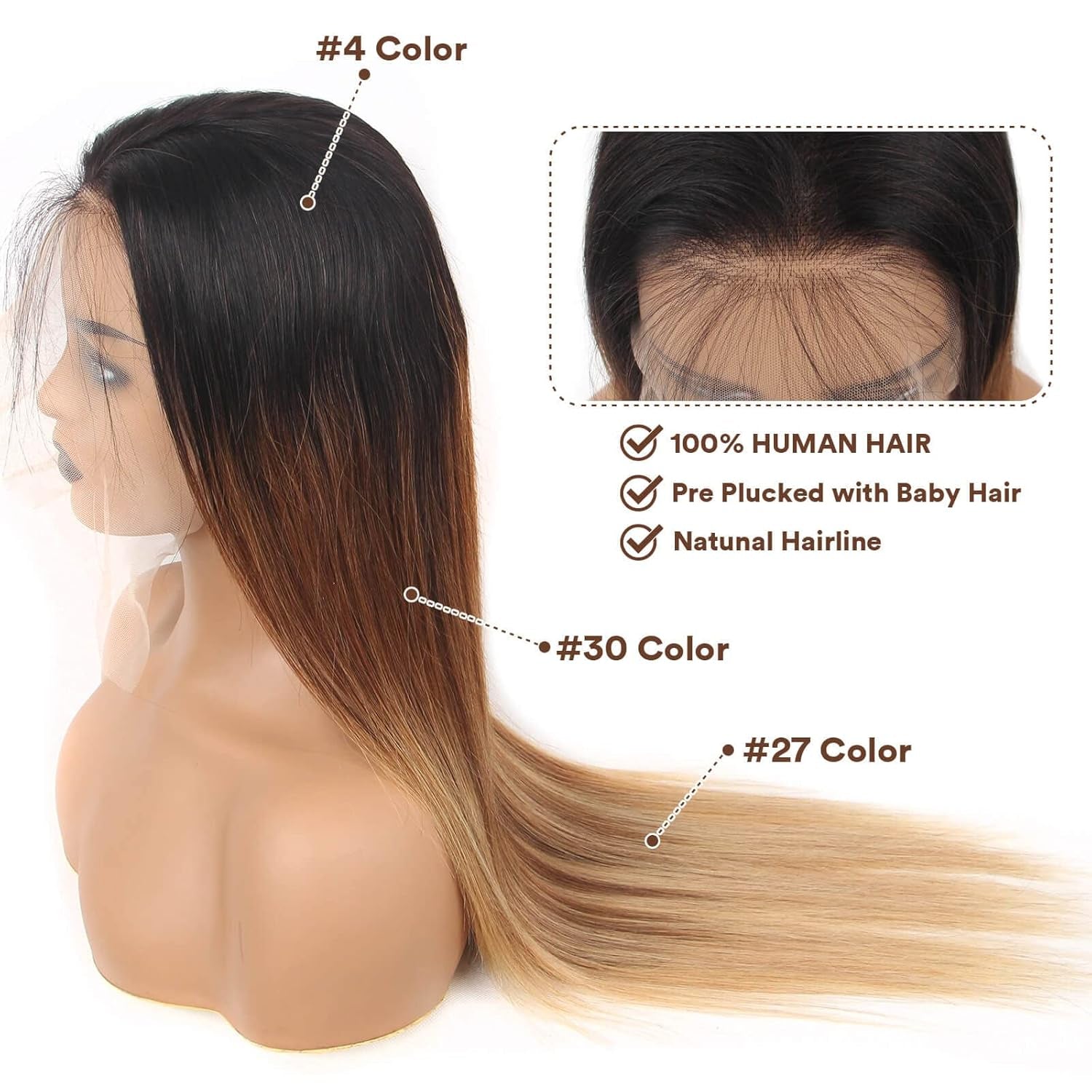 13X6 Highlight Ombre Lace Front Wig Human Hair Pre Plucked OT4/30/27 Colored Honey Blonde Lace Front Wig with Baby Hair180% Density (22Inch, 13X6 Ombre Straight Lace Wig)