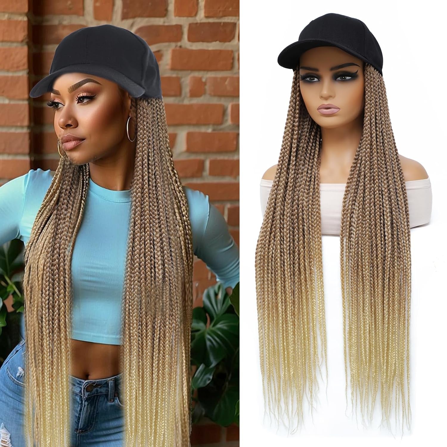 Hat Wig Baseball Cap with 30Inch Long Box Braiding Hair Extensions Attached for Woman Black Cap Wig Braided Wig Hairstyle Adjustable Size (B Ombre Blonde, 30Inch)