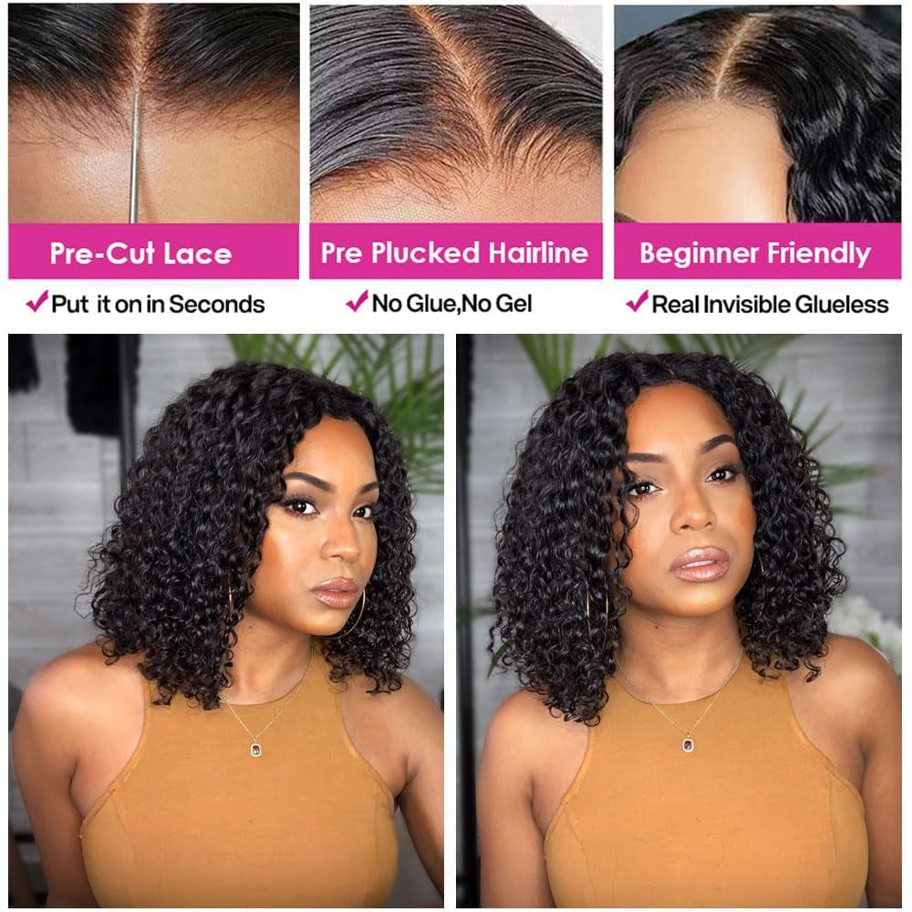 Wear and Go Glueless Wigs Human Hair Pre Plucked Pre Cut Water Wave Bob Wig Human Hair Wigs 180% Density 5X5 Hd Lace Closure Wigs Human Hair Curly Wig 12 Inch