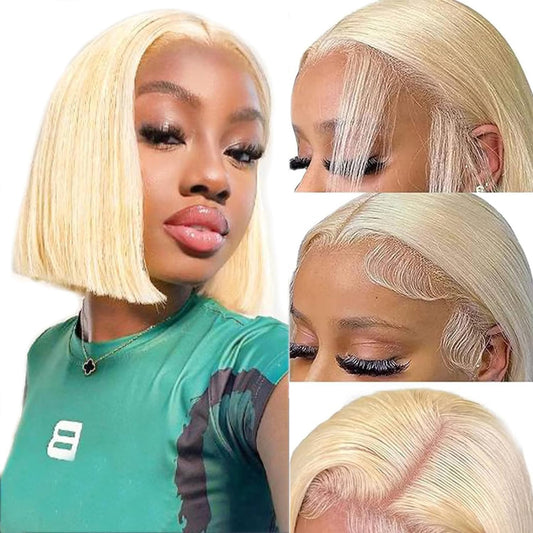 613 Blonde Bob Wig Human Hair 13X4 HD 180% Density Glueless Wigs Human Hair Pre Plucked Short Straight Glueless Bob Wig Human Hair 8In