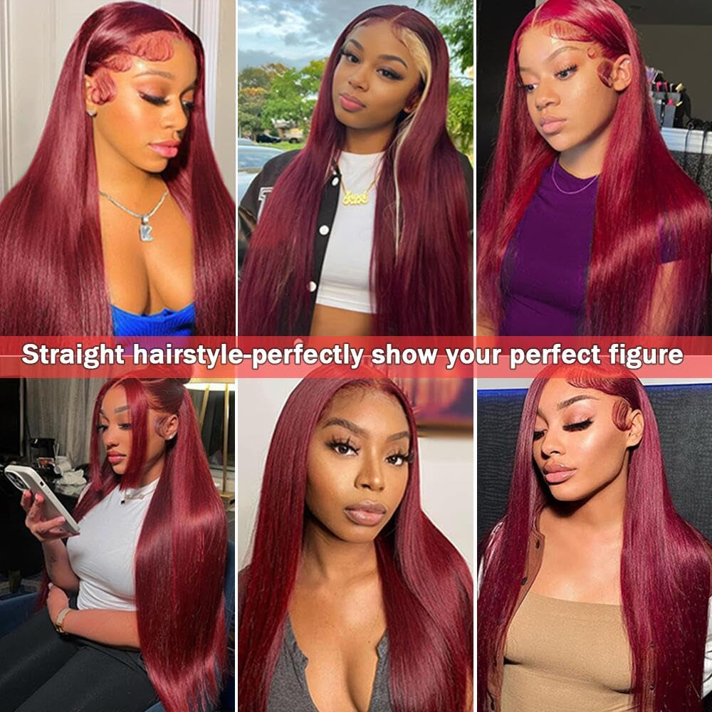 99J Lace Front Wigs Human Hair 180 Density HD Transparent Lace Human Hair Wig 13X4 Straight Human Hair Wigs with Baby Hair Virgin Human Hair Pre Plucked Natural Hairline (20Inch, Burgundy)