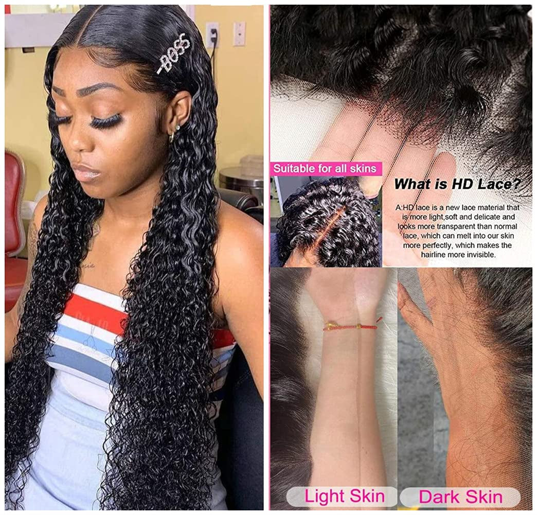 Deep Wave HD Lace Front Wigs Human Hair 24 Inch 13X4 Lace Frontal Human Hair Wig for Black Women Glueless Transparent Curly Lace Front Wig Human Hair Pre Plucked Natural Color 150% Density