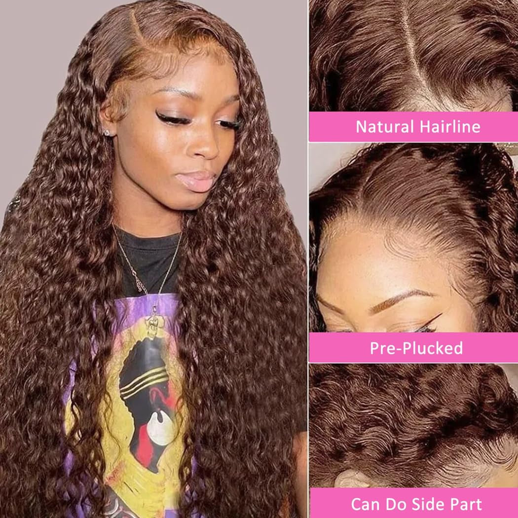 Water Wave 5X5 Lace Closure Glueless Wigs Human Hair 26 Inch Reddish Brown 180% Density Brazilian Hair Wet and Wavy HD Lace Closure Wigs Curly Lace Front Wigs Pre Plucked with Baby Hair