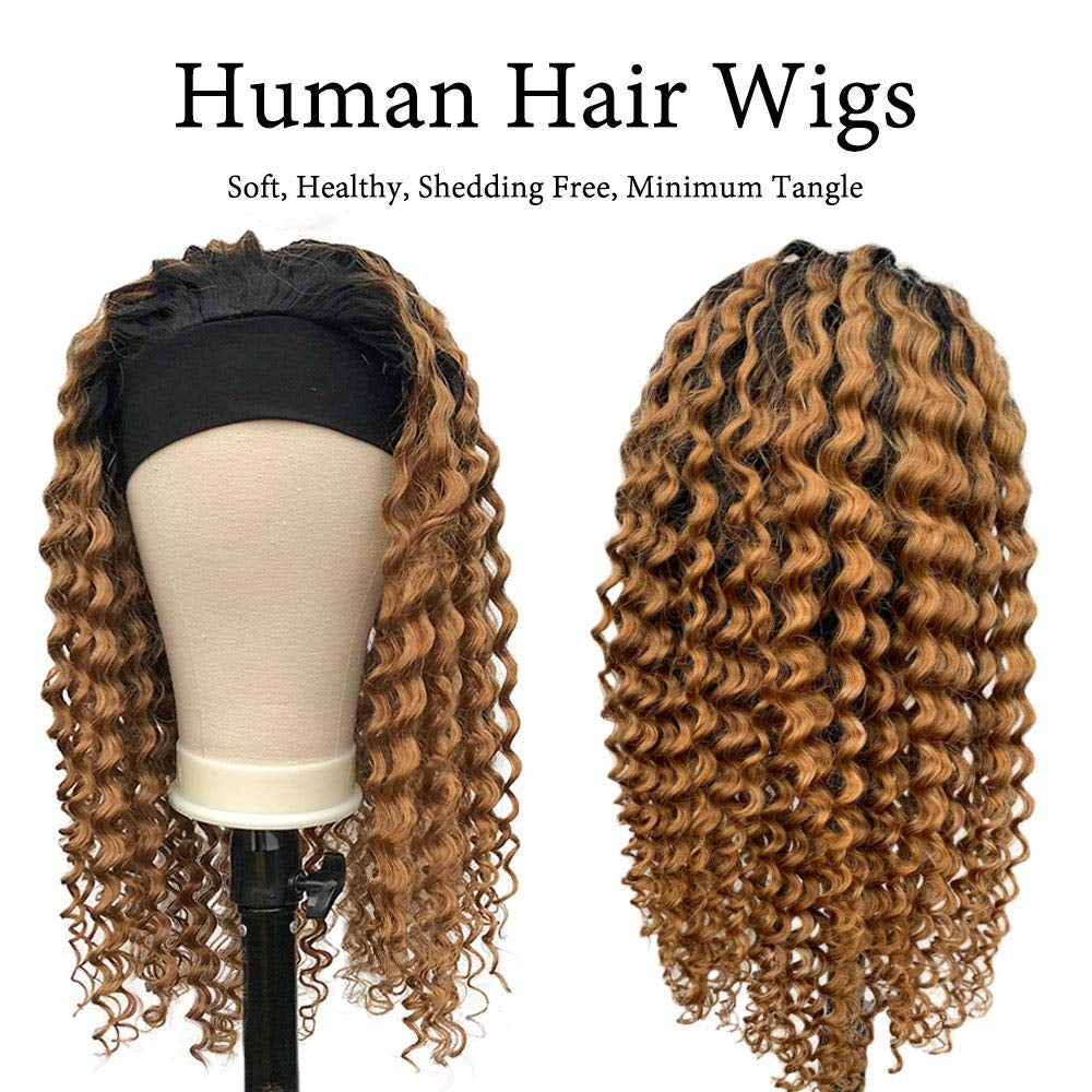 Headband Wigs Human Hair Ombre Blonde Colored No Lace Front Wigs 150% Density 20 Inches Curly Hair