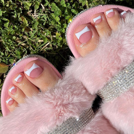 24PCS French Tips Press on Toenails Short Square Toe Nail Tips Full Cover Glue on Toe Summer Beach Acrylic False Toe Nails for Women and Girls (Pink French)