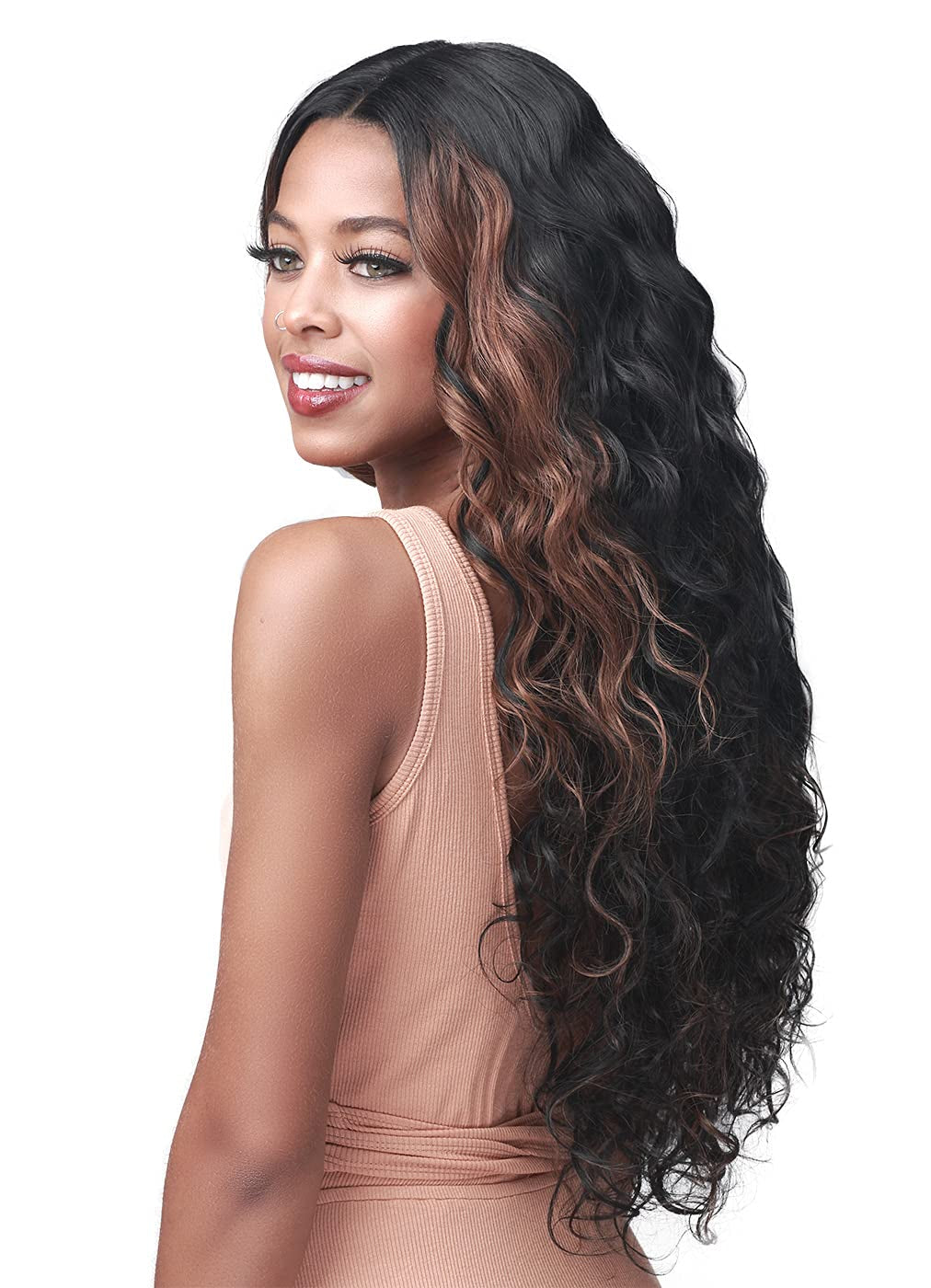 Bobbiboss Long French Wave Wigs HD Lace Front for Black Women - MISS ORIGIN 24, 5In Deep Part Human Hair Blend with Baby Hair, High Heat Resistant (THL1B/RBURGUNDY)