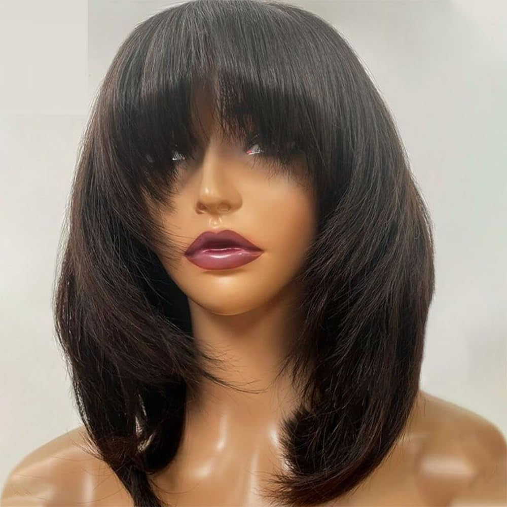 Short Scalp Top Full Machine Made Wig Brazilian Remy Layered Bob Human Hair Wig with Bangs Short Cut for Black Women 16Inch 150% Density
