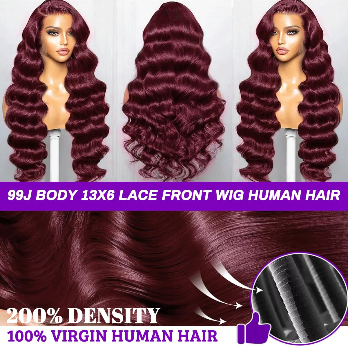 26 Inch 99J Burgundy Lace Front Wigs Human Hair Pre Plucked 200% Density Body Wave Lace Front Wigs Human Hair Red Wig HD Transparent Full Frontal 13X6 Glueless Colored Natural Wig for Woman