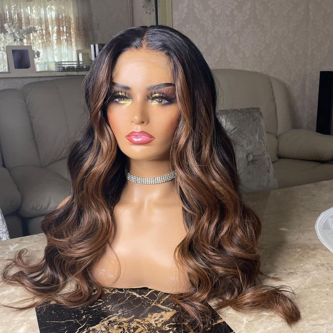 13X4 Lace Front Brown Highlight Wig Human Hair Body Wave Wigs Human Hair HD Transparent Lace Wig Honey Highlights Glueless Frontal Wigs Pre Plucked with Baby Hair Natural Hairline (24Inch)