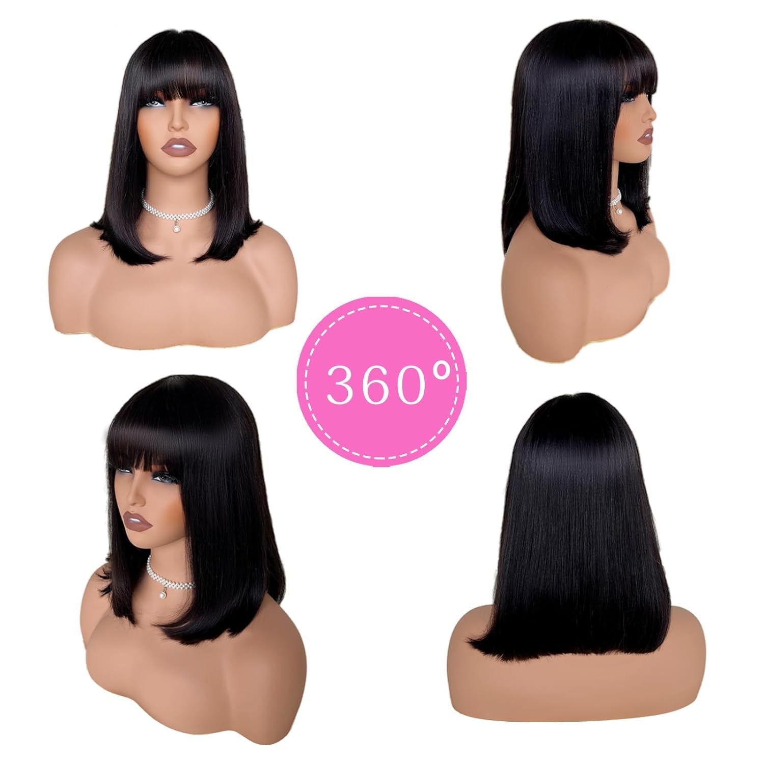 Bob Wig with Bangs Human Hair Straight 3X1 Transparent Lace Closure Bob Wigs for Black Women Natural Black 14 Inch
