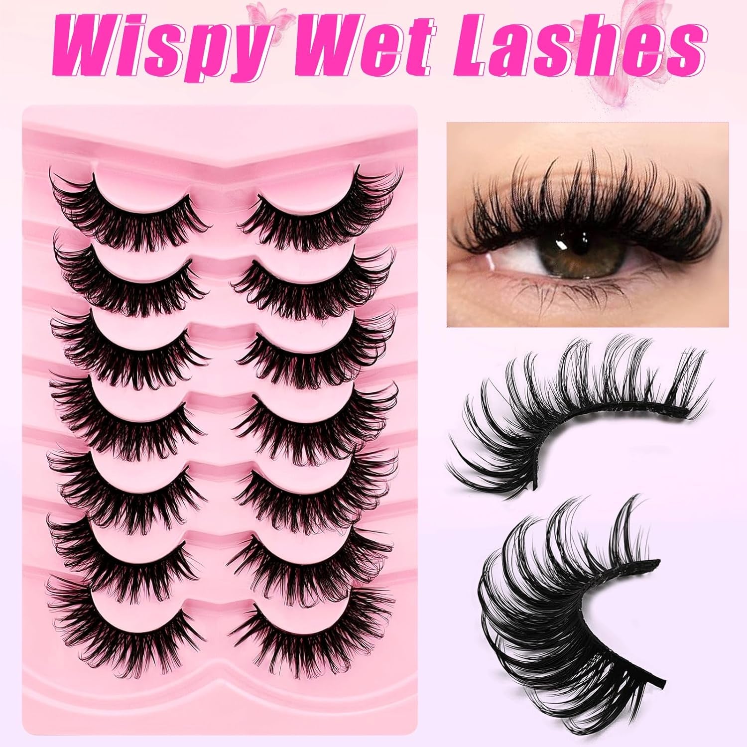 7 Pairs Manga Lashes Wet Look 20Mm Flu-Ffy D Curl Lashes Cat-Eye Lashes Volume Spiky Lashes Wispy Fairy Lashes Faux Mink False Eyelashes Japanese Korean Lashes(Sj03)