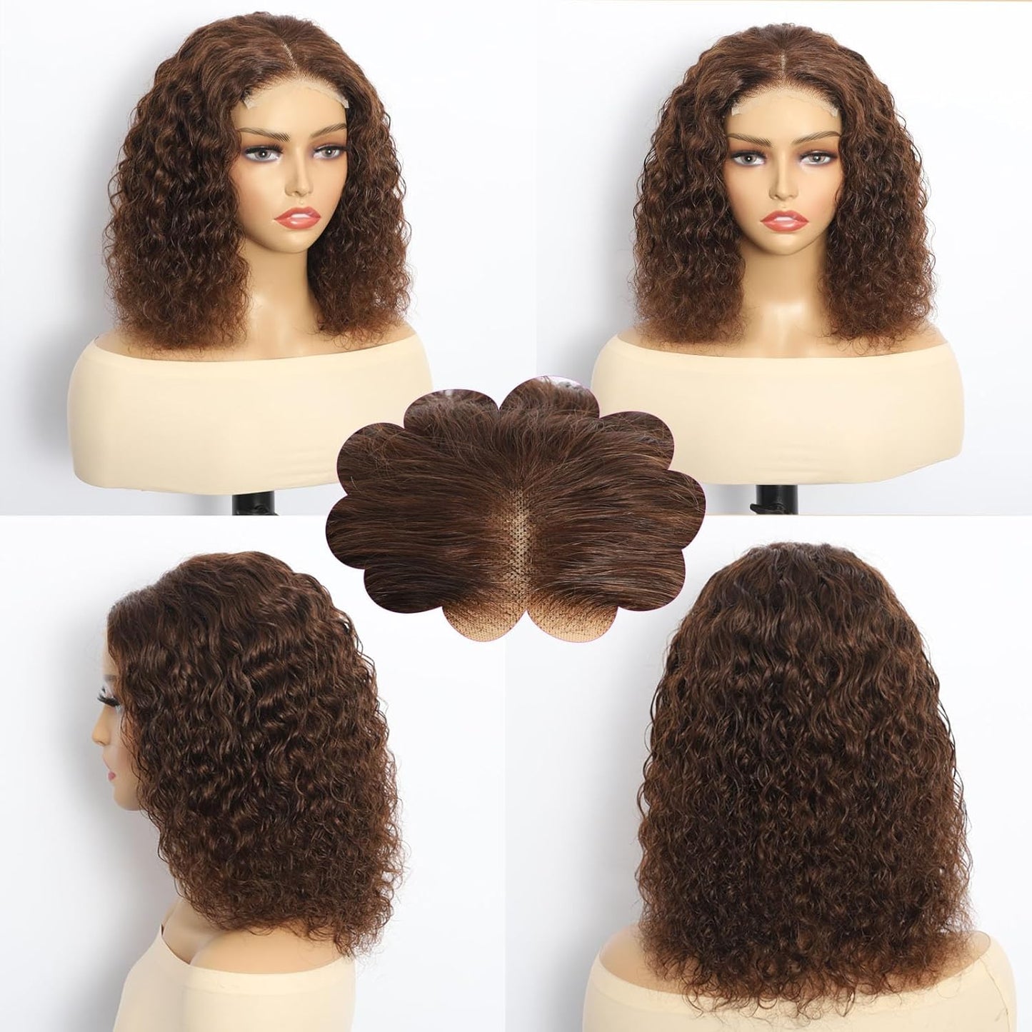 Bob Wig Human Hair Glueless Wigs Human Hair Pre Plucked Pre Cut 4# Brown Human Hair Wear and Go Glueless Wig Water Wave Lace Front Wigs for Black Women 14Inch