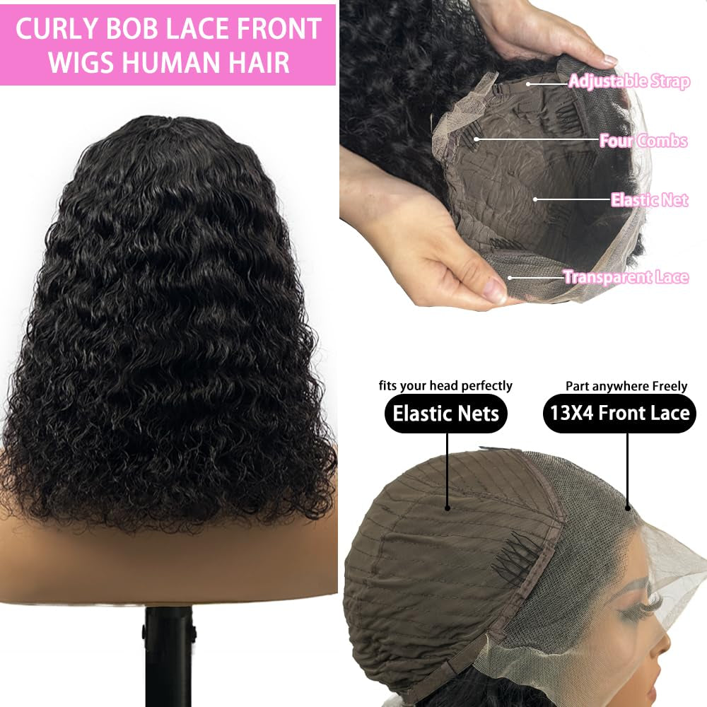 16 Inch Short Deep Curly Lace Front Wigs Human Hair 13X4 HD Transparent 180% Density Pre Plucked Baby Hair Curly Bob Human Hair Wigs Natural Black