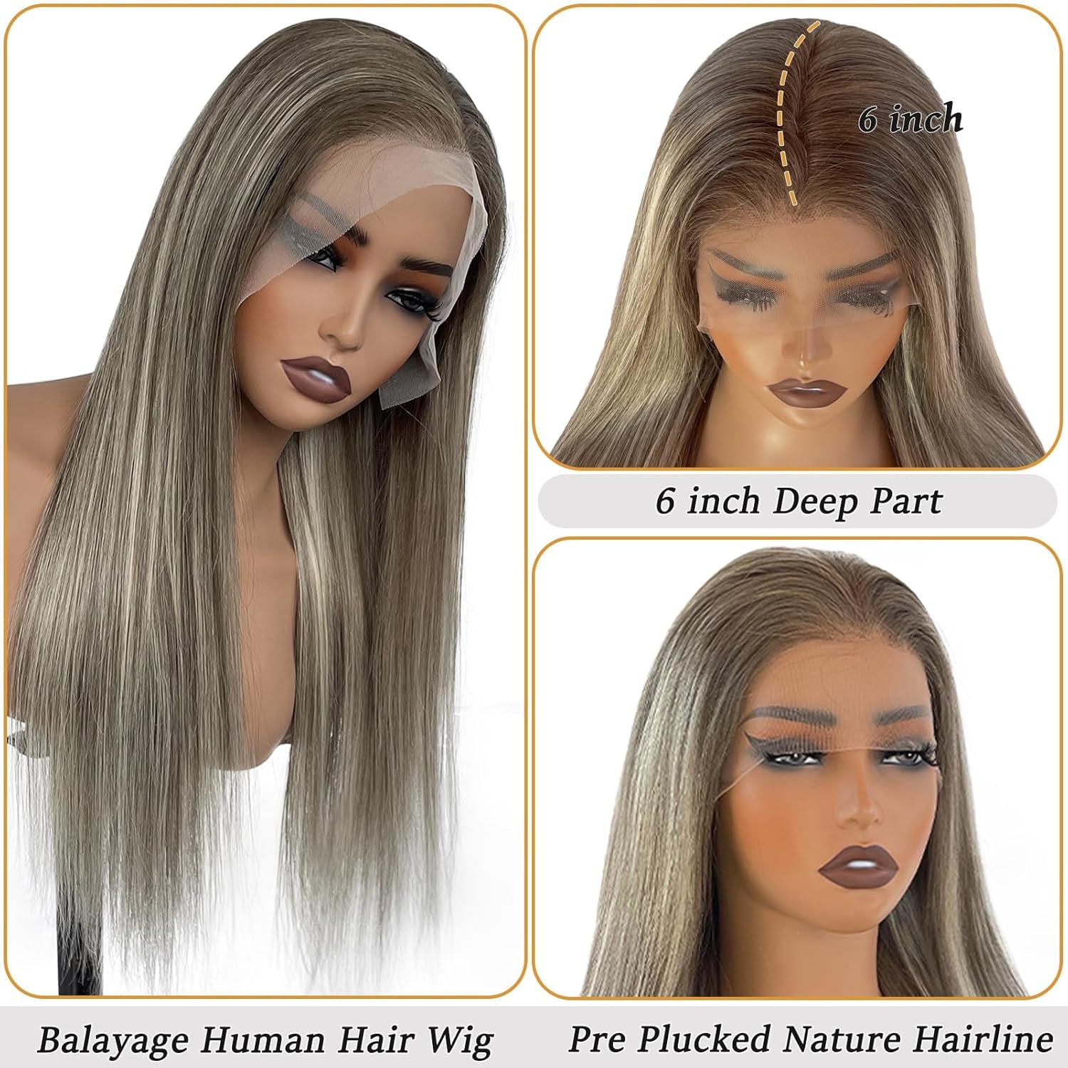 Ombre Ash Brown 13X6 HD Lace Front Wigs Human Hair 30Inch Long Straight Pre Plucked Highlights Balayage Blonde Mixed Brown with Dark Roots Glueless Wig Human Hair for Women 180% Density