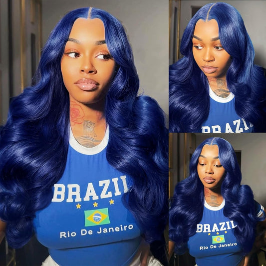 Dark Blue Body Wave Lace Front Wig - 13x6 HD Lace Frontal, 180% Density, Pre-Plucked Human Hair for Black Women, 22 Inches