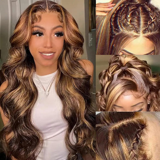 Highlight Lace Front Wig Human Hair 13X4 Honey Blonde Lace Front Wigs Pre Plucked with Baby Hair 180% Density 4/27 Ombre Human Hair Lace Front Wigs for Black Women 26 Inch