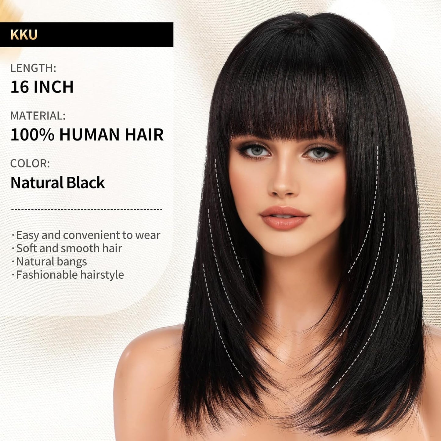 16 Inch Human Hair Wigs for Women,Layered Straight Hair Wig with Bangs,Wear Natural Realism,Real Hair Wigs