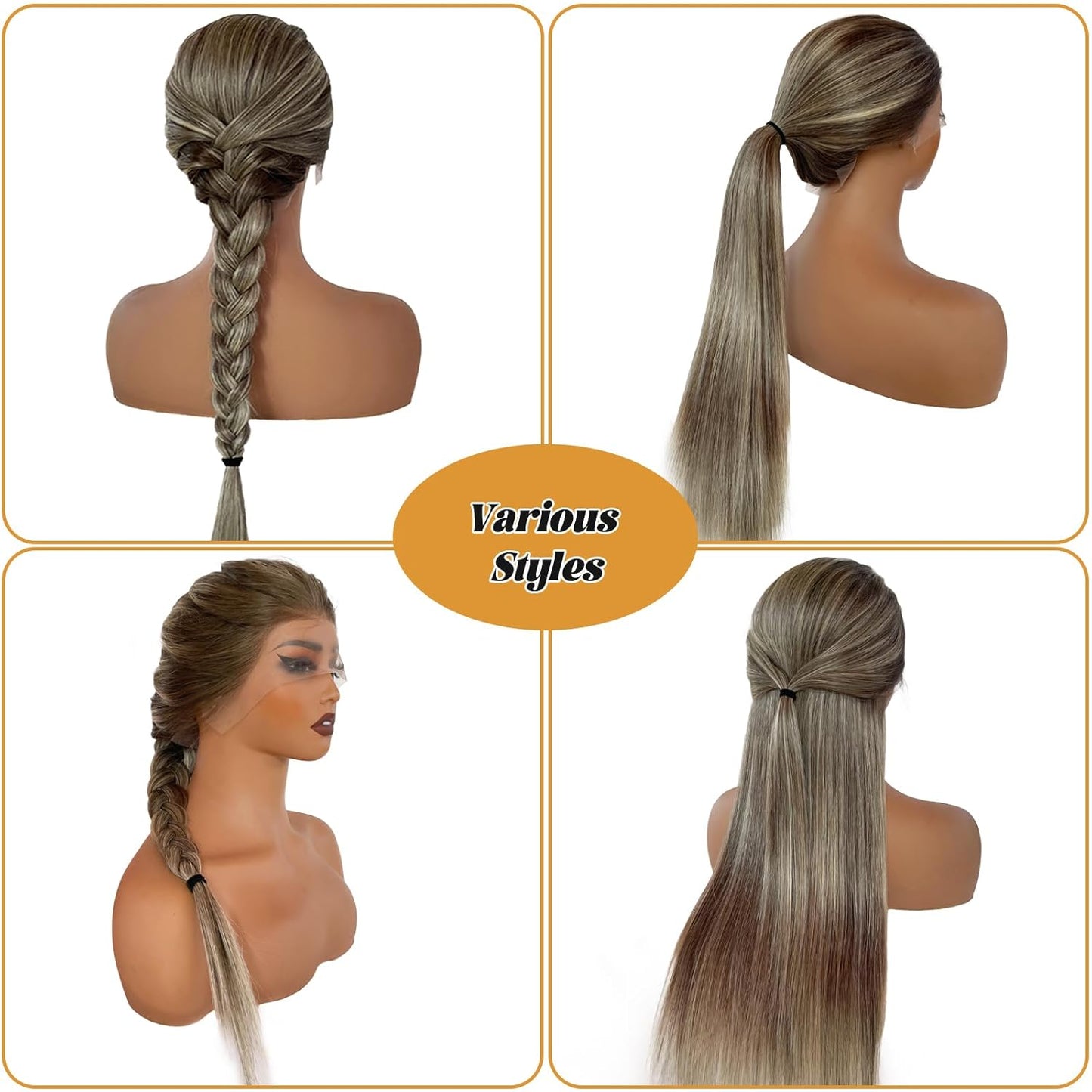 Ombre Ash Brown 13X6 HD Lace Front Wigs Human Hair 30Inch Long Straight Pre Plucked Highlights Balayage Blonde Mixed Brown with Dark Roots Glueless Wig Human Hair for Women 180% Density