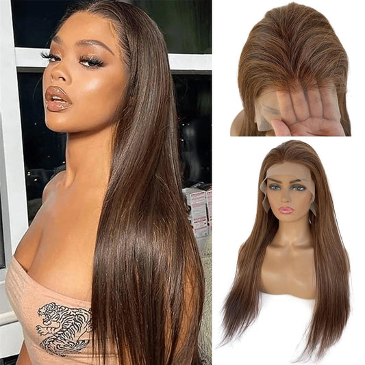 13X6 HD Transparent Lace Front Wigs 22 Inch Straight Lace Front Wigs Human Hair Pre Plucked Medium Brown to Medium Auburn Glueless Wigs Unprocessed Brazilian Virgin Human Hair with Baby Hair