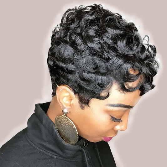 Pixie Cut Wigs Human Hair Short Human Hair Wigs for Black Women Glueless Wigs Pre Plucked Short Curly Wigs with Bangs for Daily Use Natural Black 1B Color