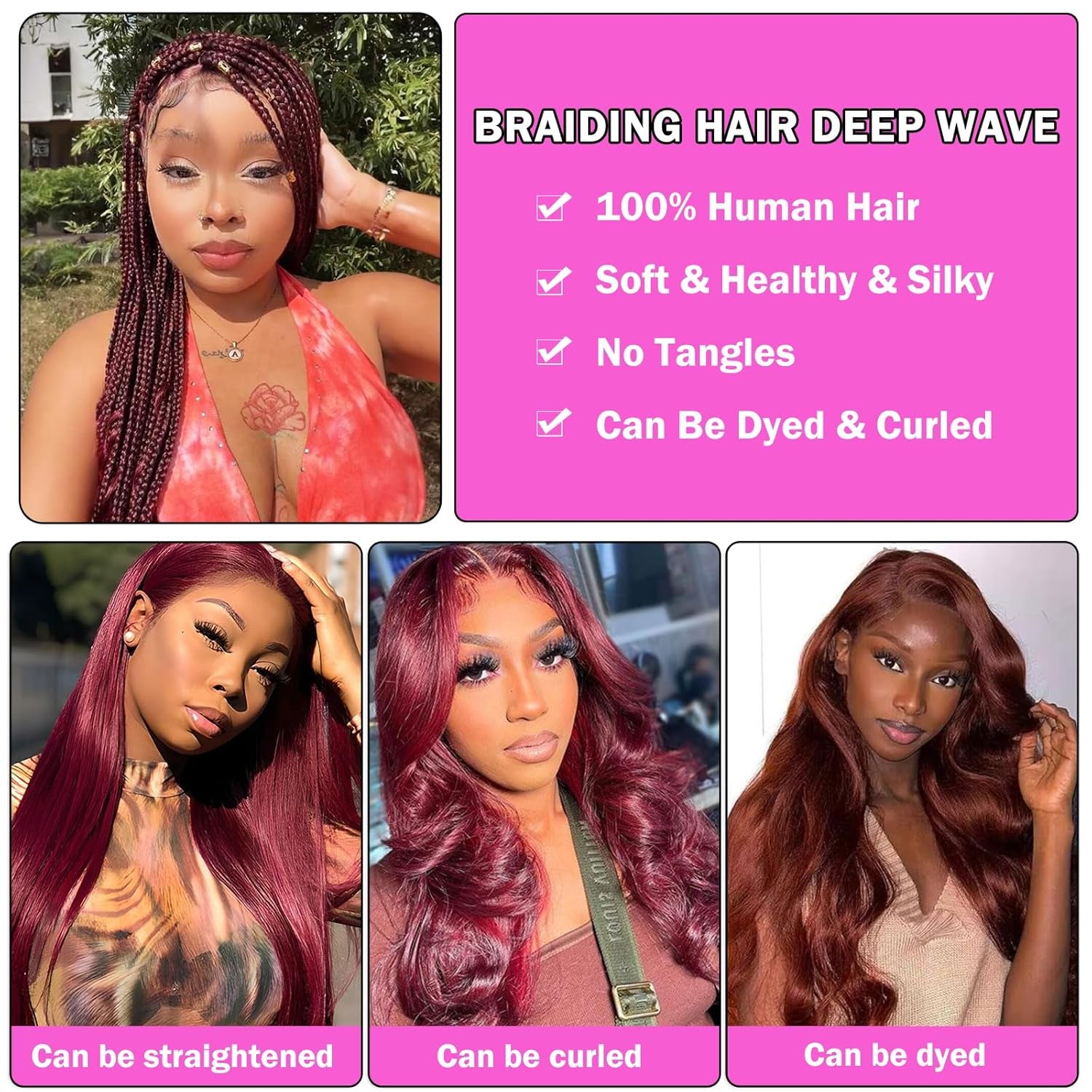 Human Braiding Hair for Boho Braids Deep Water Wave Curly Bulk Brazilian Virgin Hair Extensions for Micro Braiding Wet and Wavy 100G 18Inch Burgundy