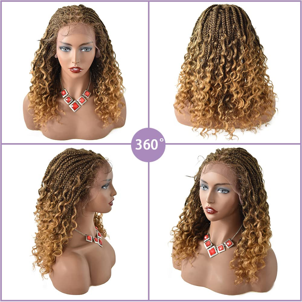 Swiss Lace Braided Wigs for Black Women 18 Inch Braids Wig with Baby Hair Premium Synthetic Wavy Hair Twist Box Braids Wigs Soft HD Lace Braiding Wig (#1B/27T-#Black/Khakit)