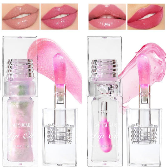 2 Pcs Magic Color Changing Lip Oil,Moisturizing Non-Sticky Tinted Fresh Texture Lip Glow Oil. (Color Changing & Pearlescent)