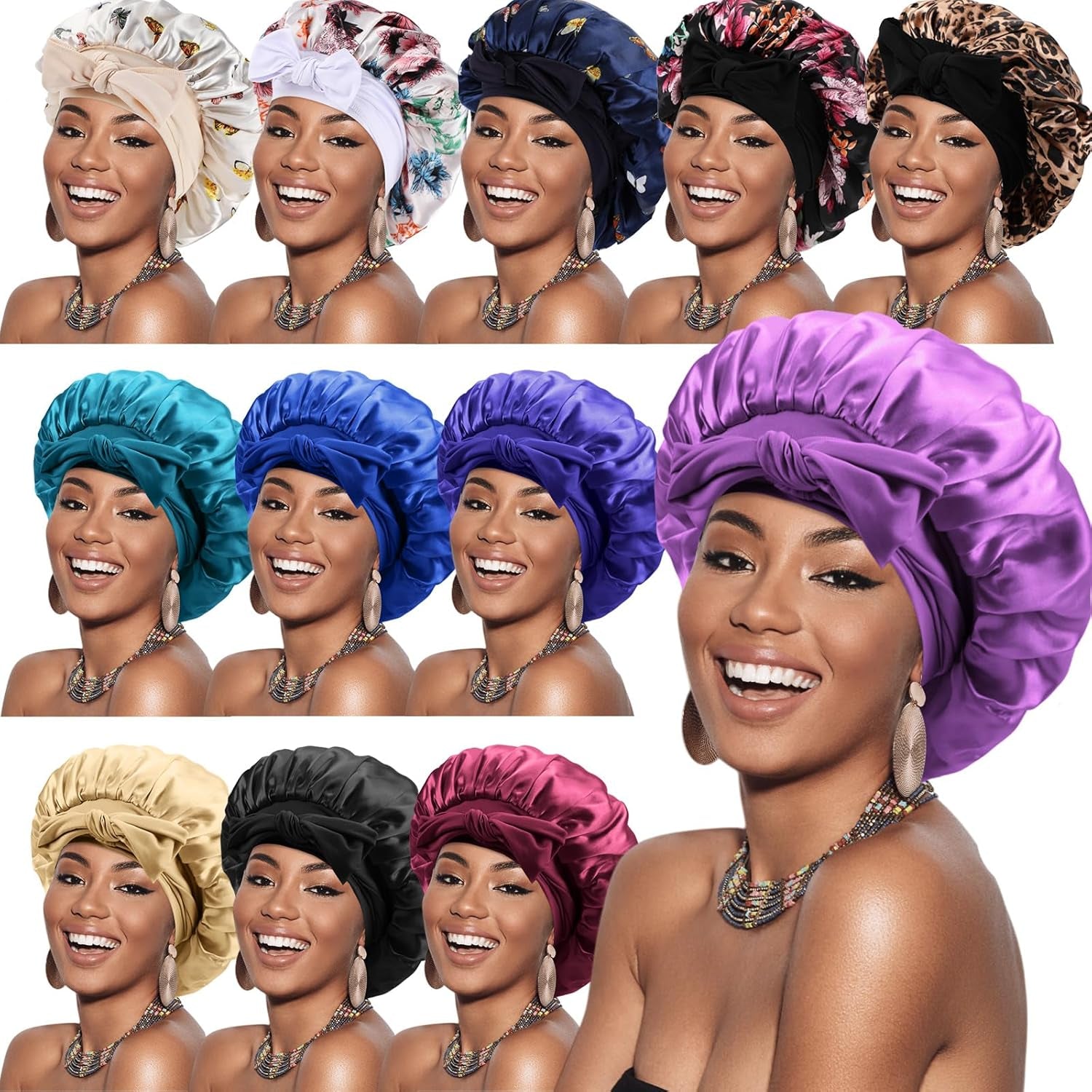 12 Pcs Sleep Bonnet Bulk Satin Bonnets for Sleeping Silk Hair Bonnet for Sleeping Women Large Silk Bonnets for Black Women with Elastic Band for Hair Care