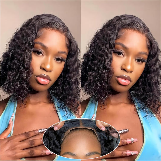 Wear and Go Glueless Wigs Human Hair Pre Plucked Pre Cut Water Wave Bob Wig Human Hair Wigs 180% Density 5X5 Hd Lace Closure Wigs Human Hair Curly Wig 12 Inch