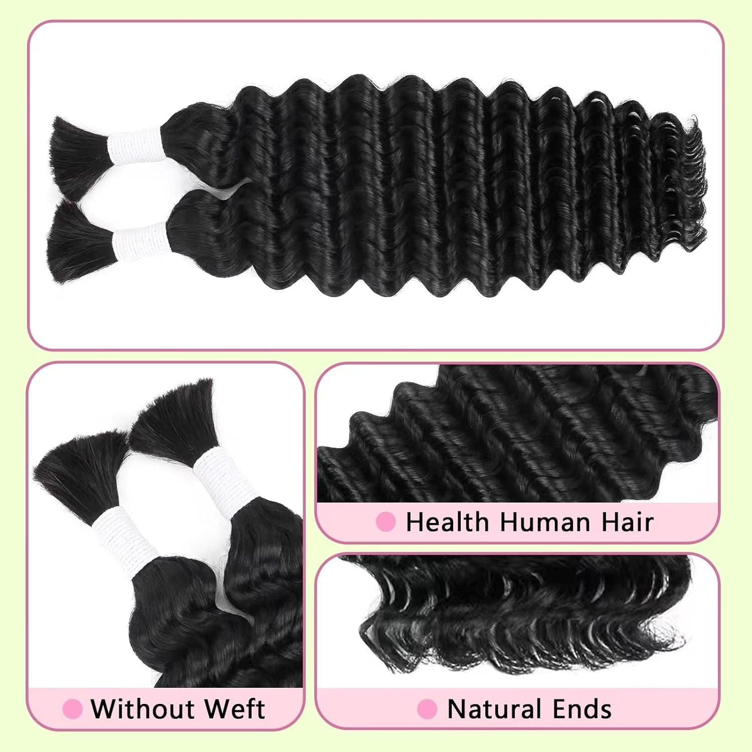 18 Inch Deep Wave Human Braiding Hair for Boho Braids Curly Human Hair Braiding Hair Wet and Wavy Unprocessed Virgin Boho Hair for Braiding Natural Color 2 Bundles/Pack (Total 100G)
