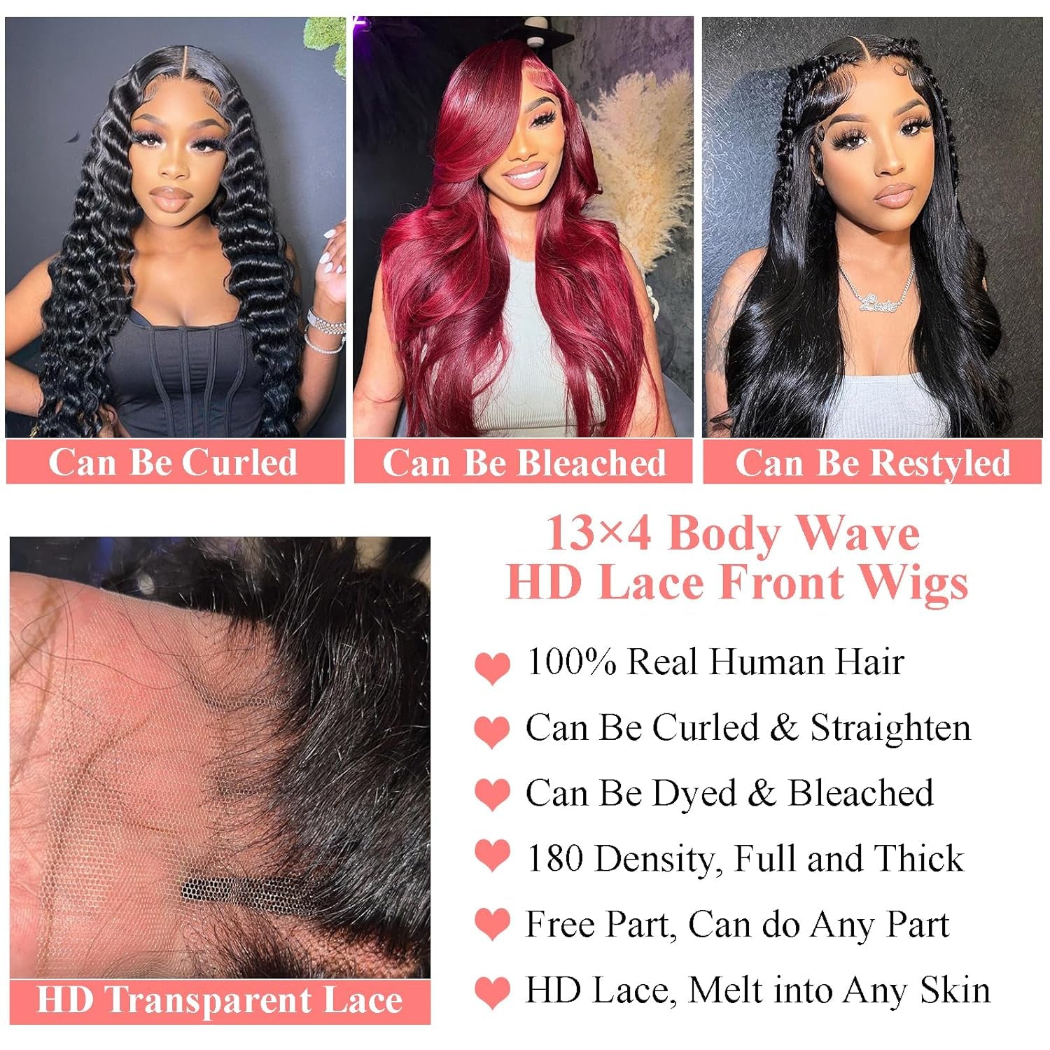 Body Wave 180% Density Human Hair Lace Front Wig - 13X4 HD Lace Frontal, Glueless, Pre-Plucked Natural Hairline, 20 Inch, Black for Women