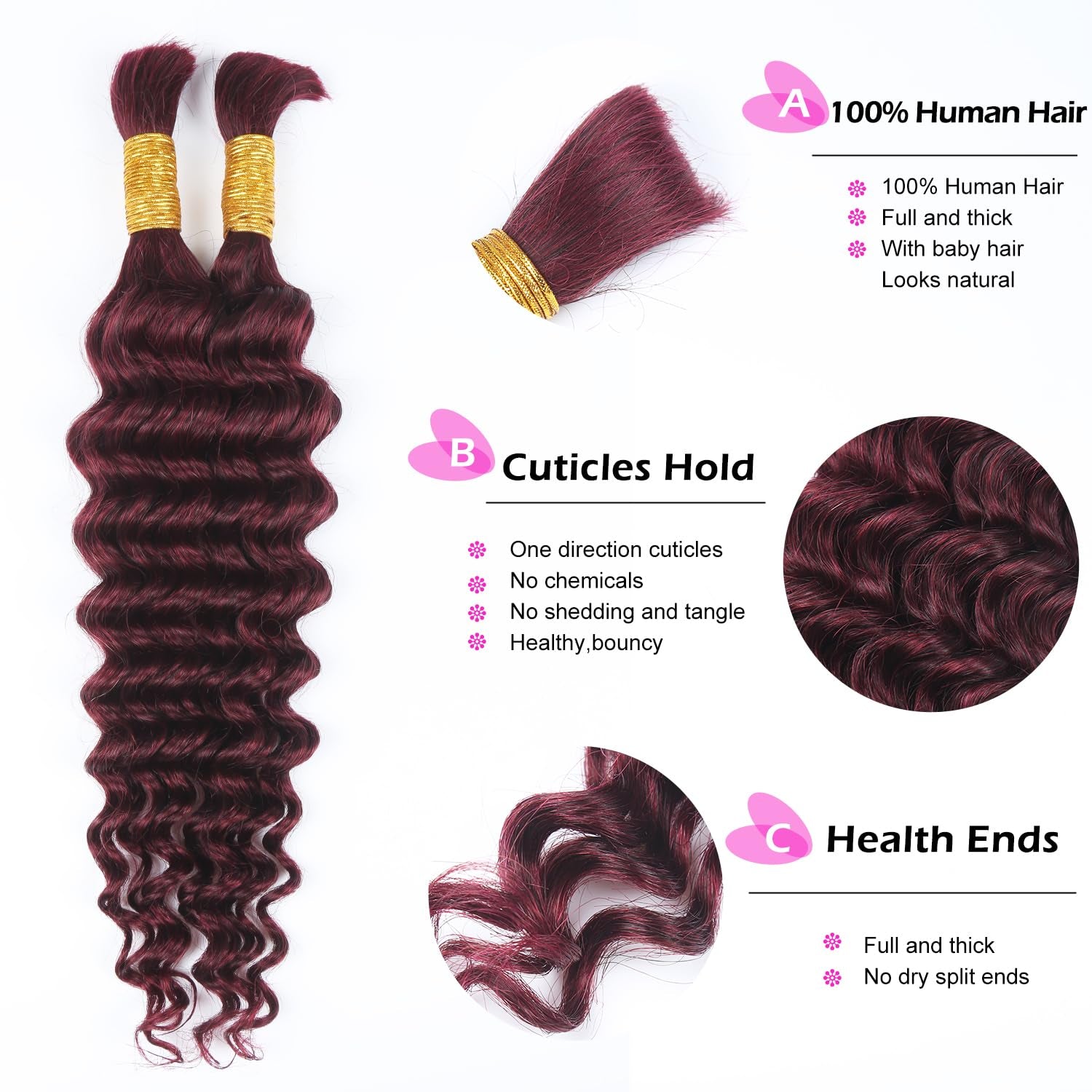 Human Braiding Hair for Boho Braids Deep Water Wave Curly Bulk Brazilian Virgin Hair Extensions for Micro Braiding Wet and Wavy 100G 18Inch Burgundy