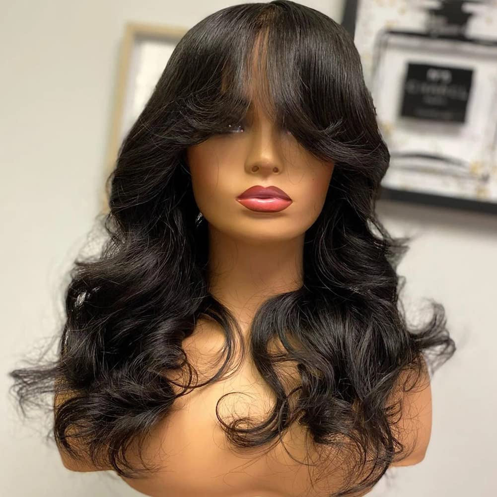 Body Wave Wigs with Bangs Human Hair Glueless Wavy Full Machine Made Scalp Top Wig None Lace Front Wigs for Black Women 180% Density Brazilian Virgin Hair Natural Color 22 Inch