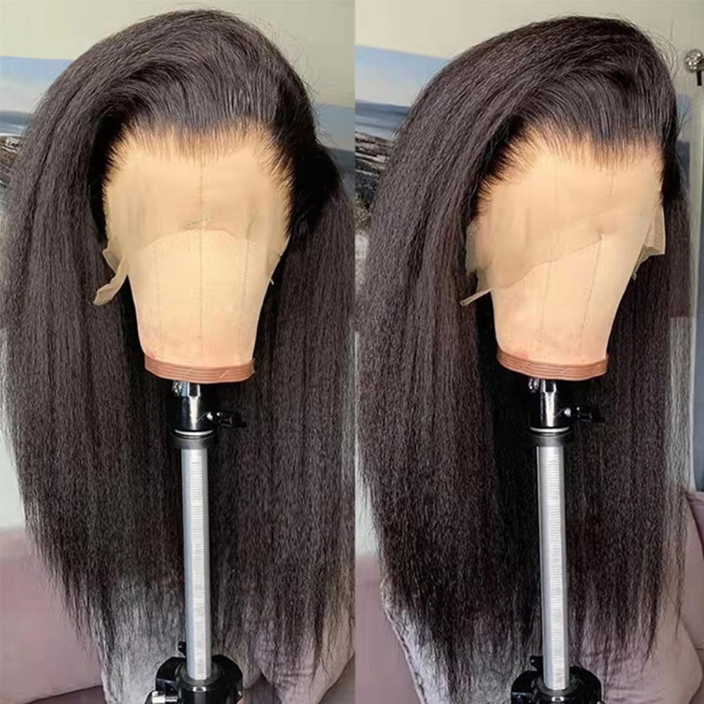 Brazilian Lace Front Wigs Human Hair Kinky Straight Glueless 13X4 Frontal Wig Pre Plucked Coarse Yaki Beginner Friendly for Black Women 200% Density (22 Inch)