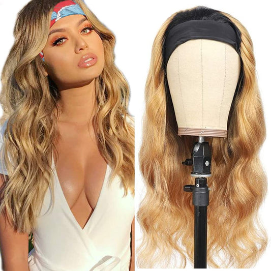 Ombre Body Wave Headband Wig 1B27 Honey Blonde Human Hair Headband Wig 130% Density Unprocessed Virgin Hair Wigs with Dark Roots Blonde 22 Inch