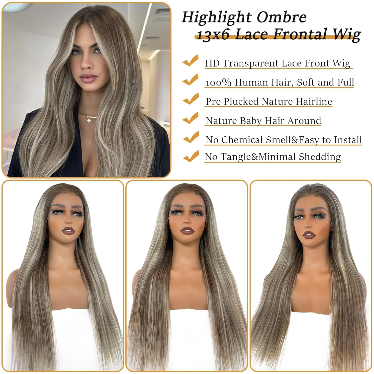 Ombre Ash Brown 13X6 HD Lace Front Wigs Human Hair 30Inch Long Straight Pre Plucked Highlights Balayage Blonde Mixed Brown with Dark Roots Glueless Wig Human Hair for Women 180% Density