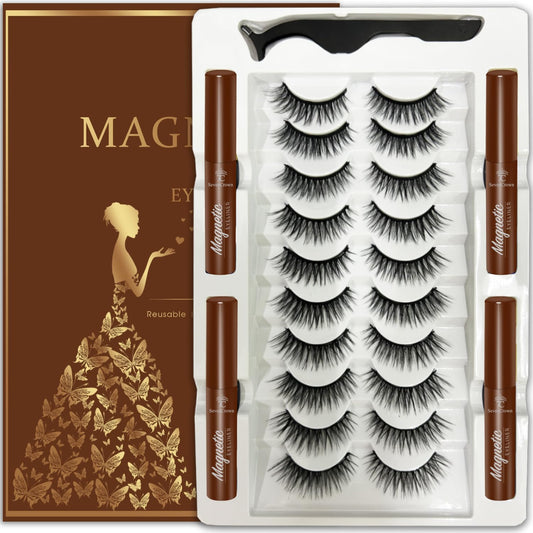 Magnetic Eyelashes with Eyeliner Kit - Magnetic Lashes Natural Looking,Upgraded Long Lasting,10 Pairs 3D Reusable 5 Magnet False Eyelashes with Applicator Easy to Apply 4 Brown Liner