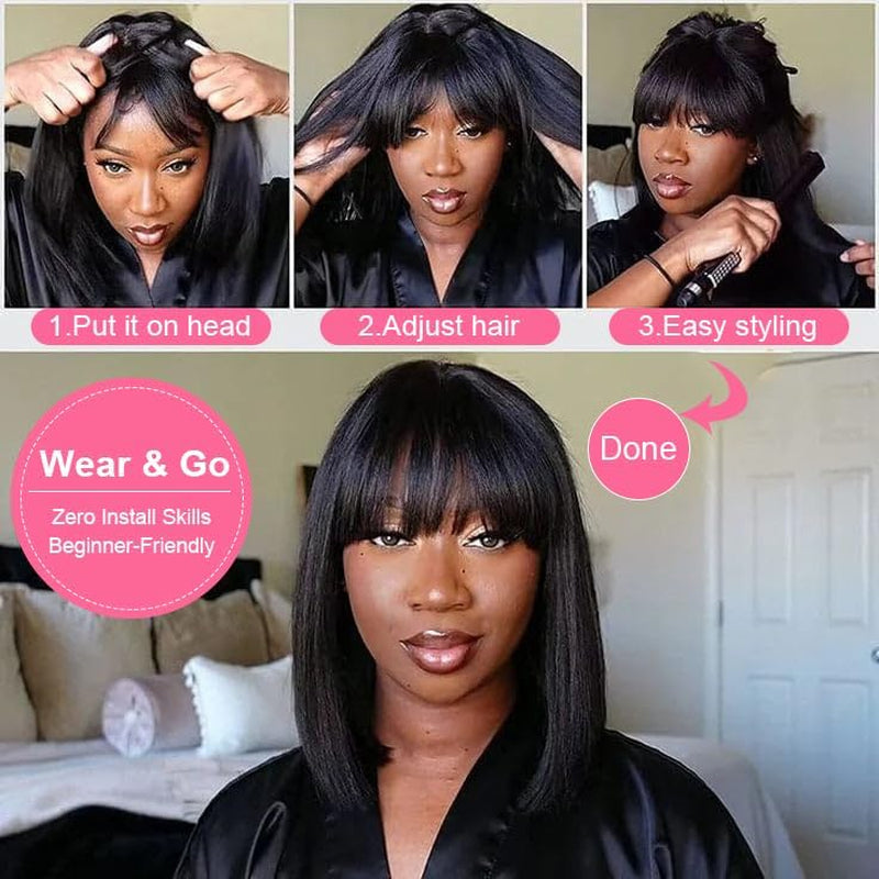 Bob Wig with Bangs Human Hair Straight 3X1 Transparent Lace Closure Bob Wigs for Black Women Natural Black 14 Inch